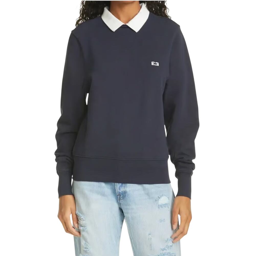 Frame Navy Blue Polo Collar Pullover Cotton Sweatshirt